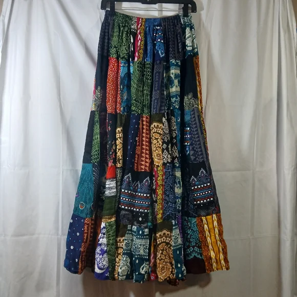 Womens Patchwork Long Maxi Peasant Skirt Boho Heavy Hippie Gypsy Colorful - Picture 1 of 10